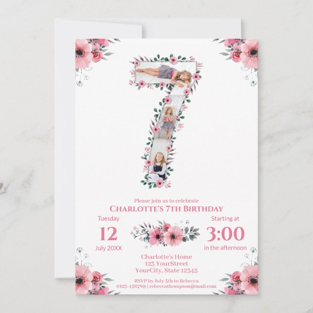 Big 7th Birthday Girl Photo Collage Pink Flower Invitation (Front)