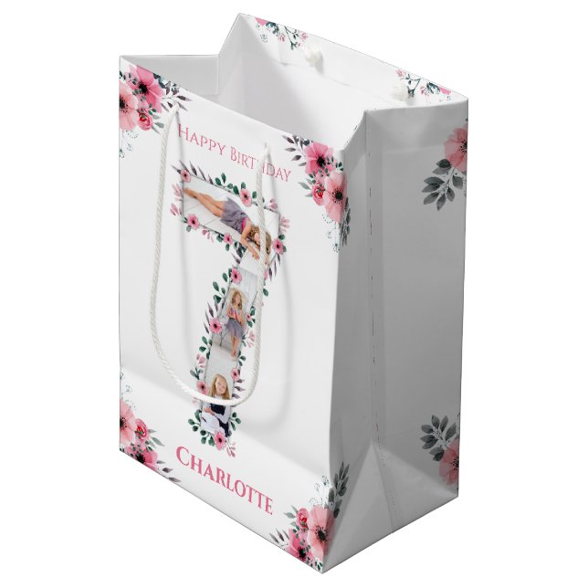 Big 7th Birthday Girl Photo Collage Pink Flower Medium Gift Bag (Front Angled)