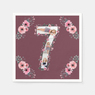 Big 7th Birthday Girl Photo Collage Pink Flower Napkin
