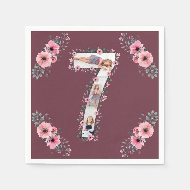 Big 7th Birthday Girl Photo Collage Pink Flower Napkin (Front)