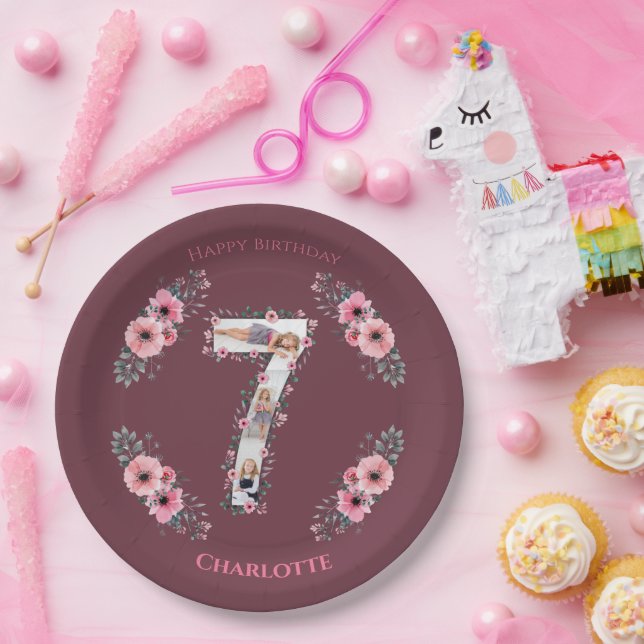 Big 7th Birthday Girl Photo Collage Pink Flower Paper Plate (Party)