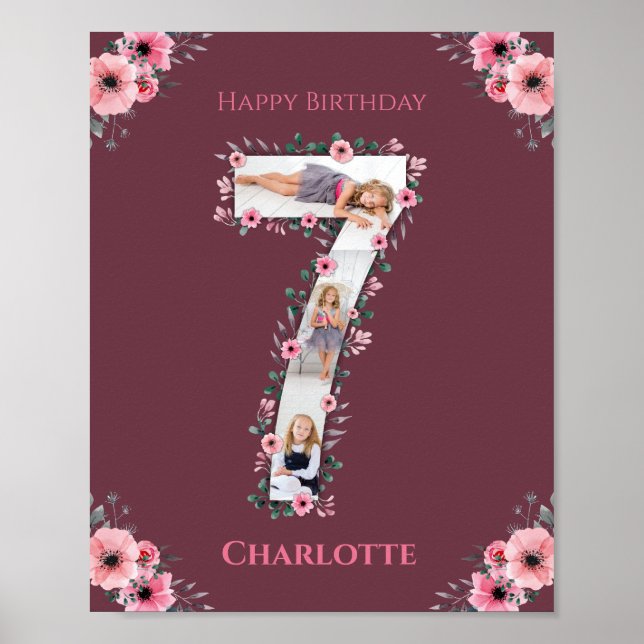 Big 7th Birthday Girl Photo Collage Pink Flower Poster (Front)
