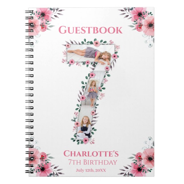 Big 7th Birthday Girl Photo Pink Flower Guest Book (Front)
