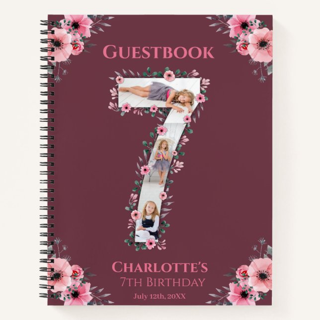 Big 7th Birthday Girl Photo Pink Flower Guest Book (Front)