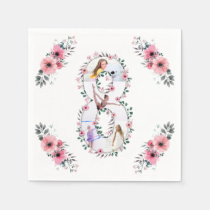 Big 8th Birthday Girl Photo Collage Pink Flower Napkin