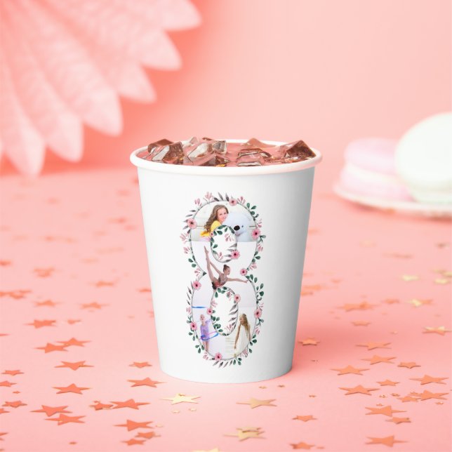 Big 8th Birthday Girl Photo Collage Pink Flower Paper Cups (Insitu)