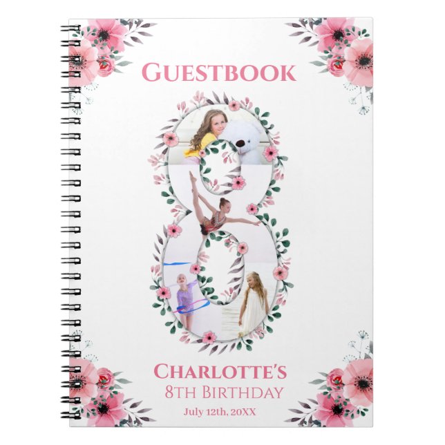 Big 8th Birthday Girl Photo Pink Flower Guest Book (Front)