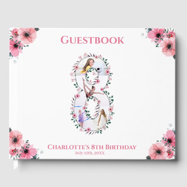 Big 8th Birthday Photo Collage Flower Girl White Guest Book (Front)