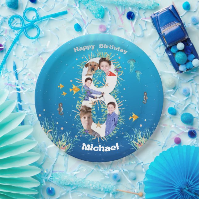 Big 8th Birthday Photo Collage Under The Sea Paper Plate (Party)