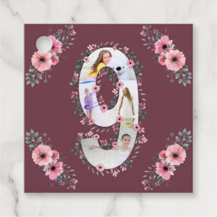 Big 9th Birthday Girl Photo Collage Pink Flower Favour Tags