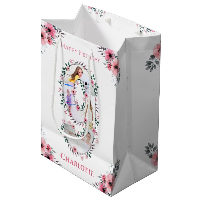 Big 9th Birthday Girl Photo Collage Pink Flower Medium Gift Bag (Front Angled)