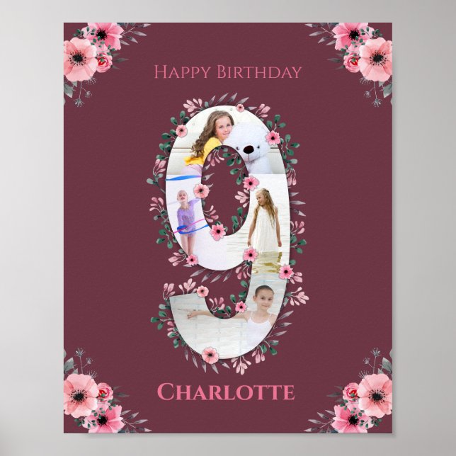 Big 9th Birthday Girl Photo Collage Pink Flower Poster (Front)