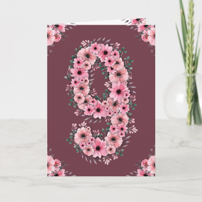 Big 9th Birthday Pink Flowers Green Foliage Girl Card (Front)