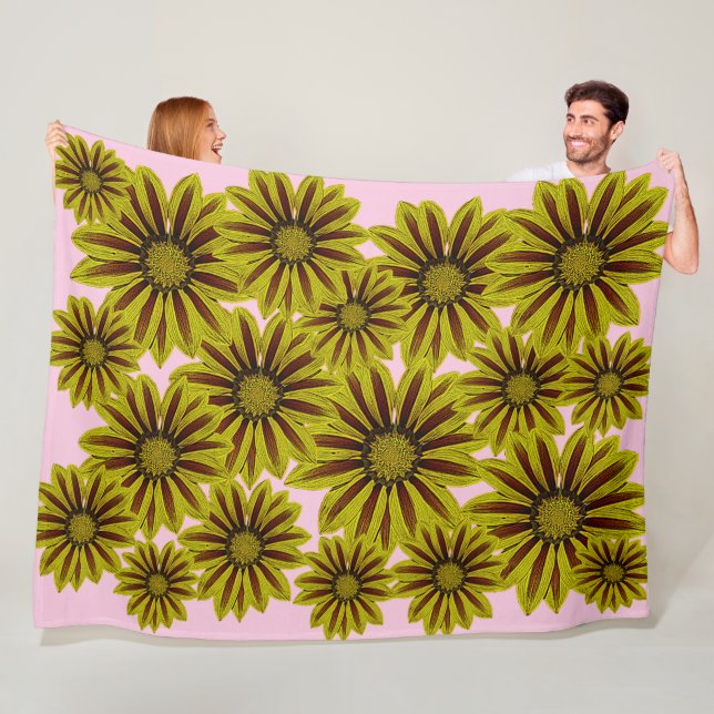 big and bold yellow flowers with red stripes daisy fleece blanket (In Situ)