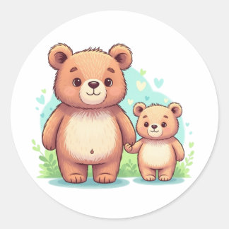 Big and Small Bear Holding Hands – Cute Kids Classic Round Sticker