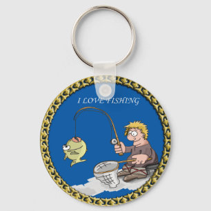 Big bass fisherman fishing on the ice key ring
