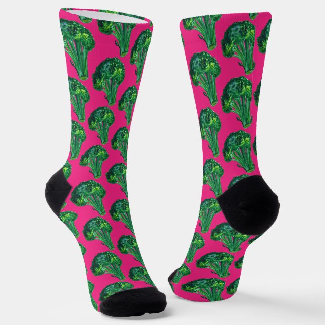 Big Beautiful Broccoli Fun Watercolor Bright Pink Socks (Angled)