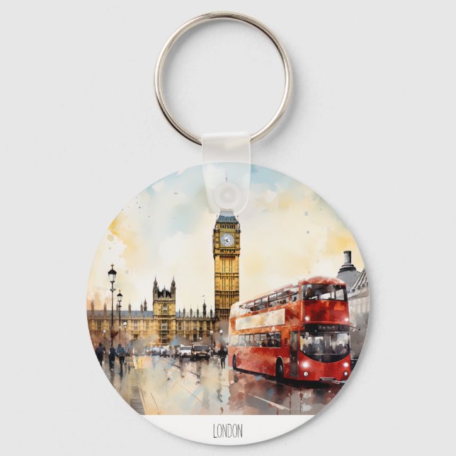 Big Ben and red bus in London Key Ring (Front)