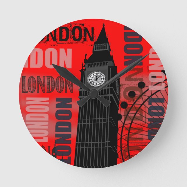 Big Ben London Collage Red Background Modern Round Clock (Front)