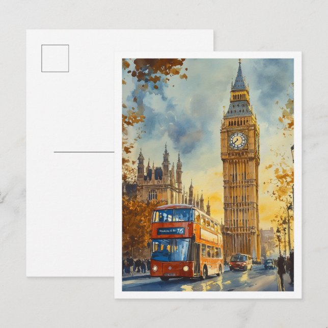 Big Ben London England Vintage Travel Illustration Postcard (Front/Back)