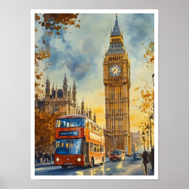 Big Ben London England Vintage Travel Illustration Poster (Front)