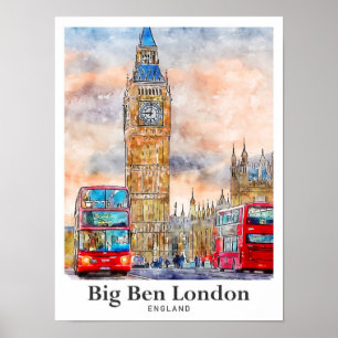 Big Ben London Watercolor Sketch Hand Drawn  Poster
