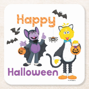 Big Bird and Count   Happy Halloween Square Paper Coaster