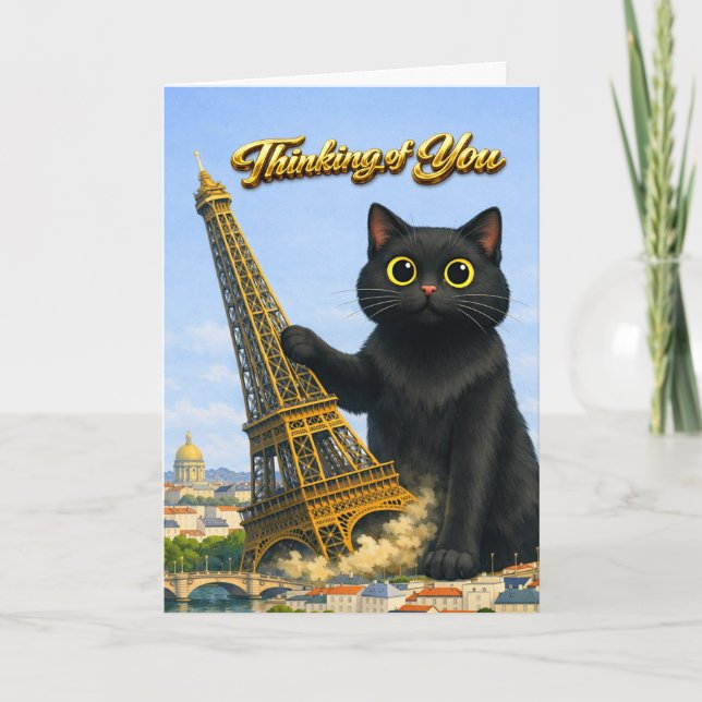 Big Black Cat Topples Eiffel Tower Thinking of You Card (Front)