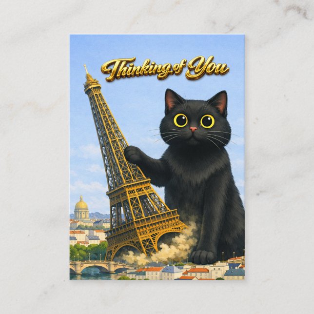 Big Black Cat Topples Eiffel Tower Thinking of You Enclosure Card (Front)