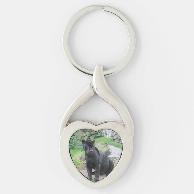 Big Black Jaguar Cat on Sitting on Rock Key Ring (Front)