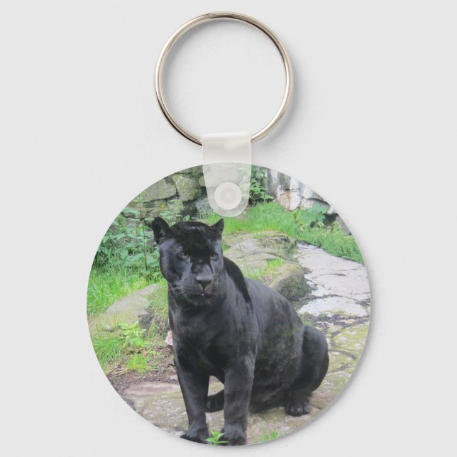 Big Black Jaguar Cat on Sitting on Rock Key Ring (Front)