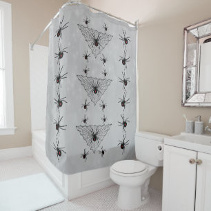 Big Black Widow Spiders Red Marks Webs Grey Shower Curtain