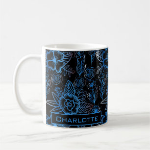 Big blossom floral pattern blue personalised name coffee mug