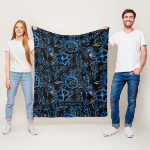 Big blossom floral pattern blue personalised name fleece blanket