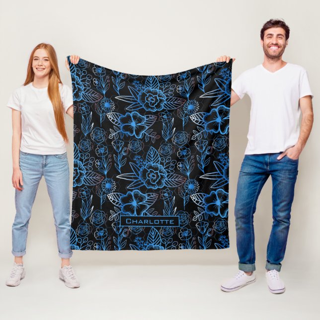Big blossom floral pattern blue personalised name  fleece blanket (In Situ)