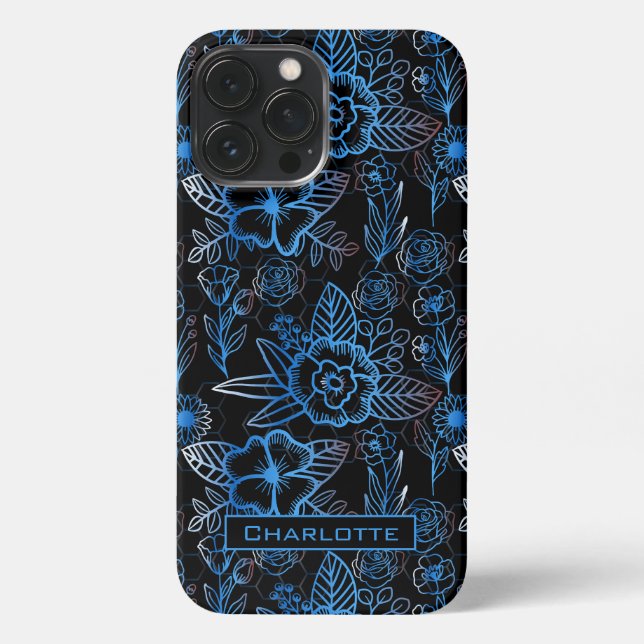 Big blossom floral pattern blue personalised name  iPhone case (Back)