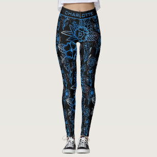 Big blossom floral pattern blue personalised name  leggings