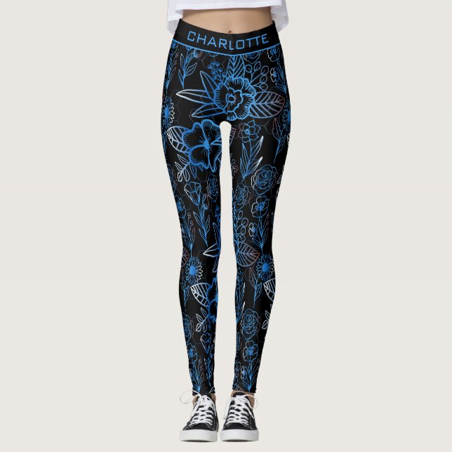 Big blossom floral pattern blue personalised name  leggings (Front)