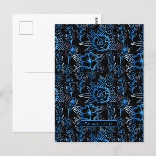 Big blossom floral pattern blue personalised name postcard