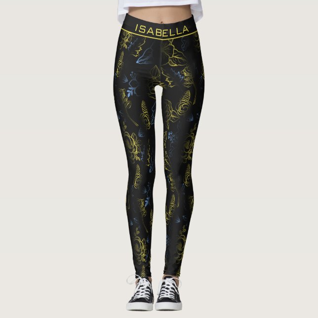 Big blossom floral pattern gold personalised name  leggings (Front)