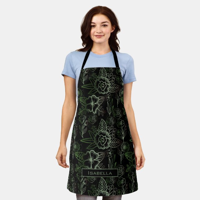 Big blossom floral pattern green personalised name apron (Worn)