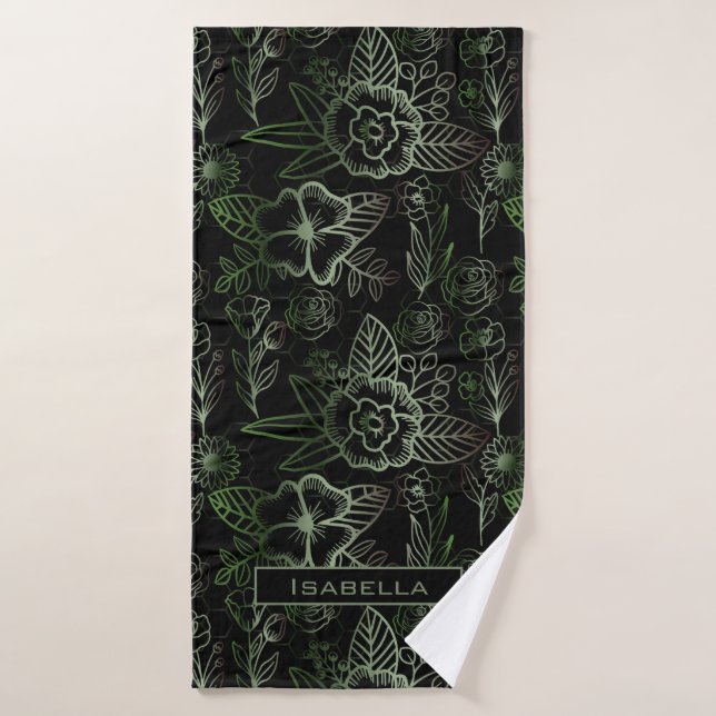 Big blossom floral pattern green personalised name bath towel (Bath Towel)