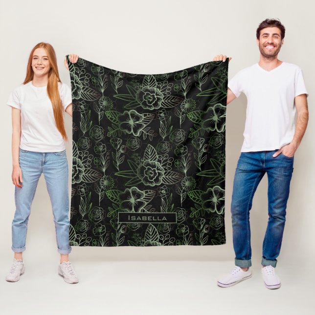 Big blossom floral pattern green personalised name fleece blanket (In Situ)