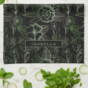 Big blossom floral pattern green personalised name tea towel