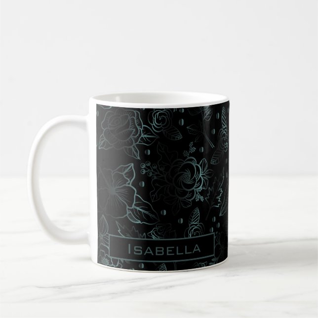 Big blossom floral pattern grey personalised name  coffee mug (Left)