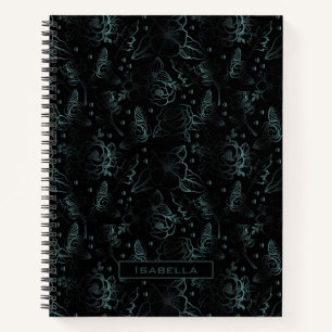 Big blossom floral pattern grey personalised name  notebook