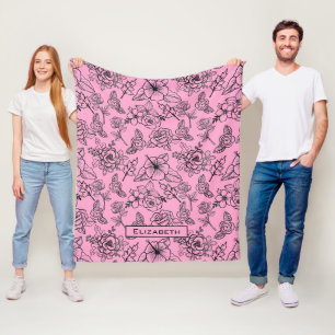 Big blossom floral pattern pink personalised name  fleece blanket