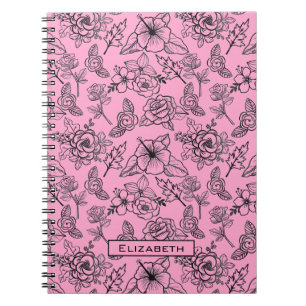 Big blossom floral pattern pink personalised name notebook