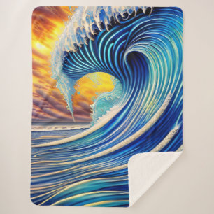 Big Blue Ocean Wave Over Sunset Sky Sherpa Blanket