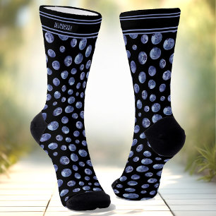 Big Blueberry Pattern Personalised Name Black Blue Socks